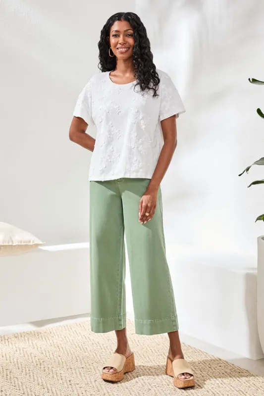 Embroidered Short Sleeve Crew Neck Top-White made by Tribal