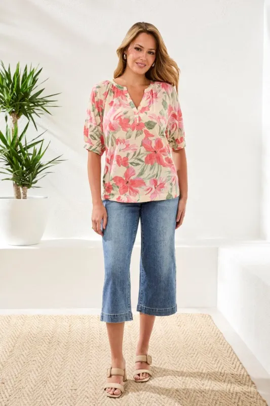 Printed Linen Elbow Sleeve Henley-Canvas made by Tribal