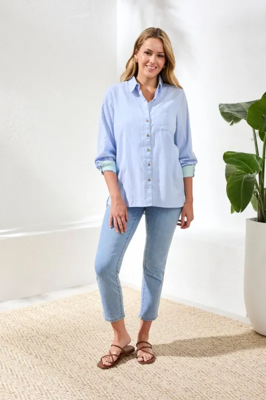 Yarn Dye Stripe Button Shirt-Chambray made by Tribal