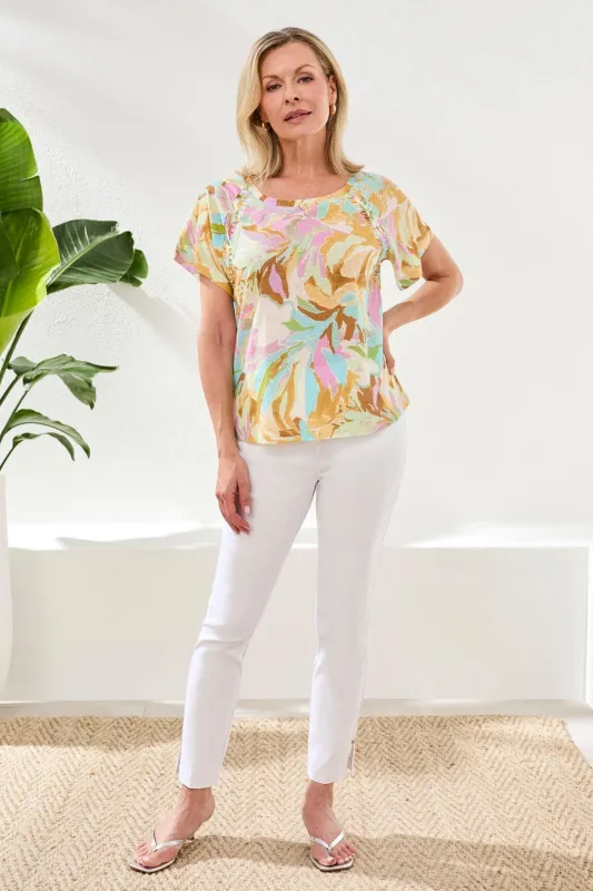 Printed Linen Scoop Neck Top With Pleating Detail-Wisteria sold by Tribal