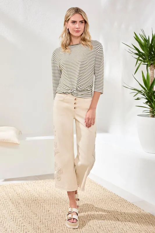 Boat Neck 3/4 Sleeve Top W/ Knot Detail-Rainforest made by Tribal