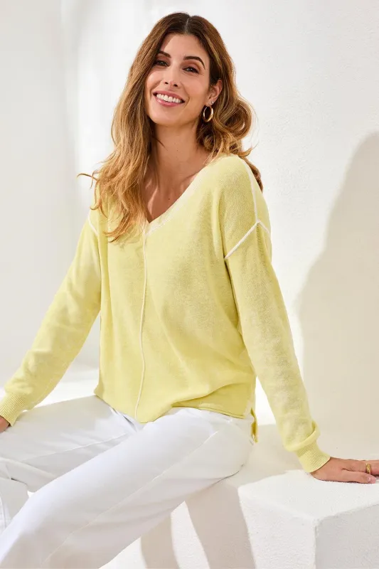 Lightweight Cotton V-Neck Sweater With Special Wash-Lemongrass sold by Tribal
