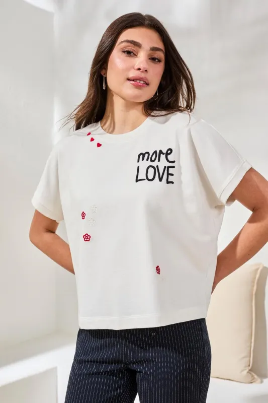 Crewneck Cap Sleeve Top With Embroidered Detail-White made by Tribal