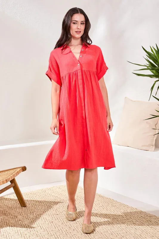 Crinkle Gauze Short Sleeve Empire Waist Midi Dress-Coralred sold by Tribal