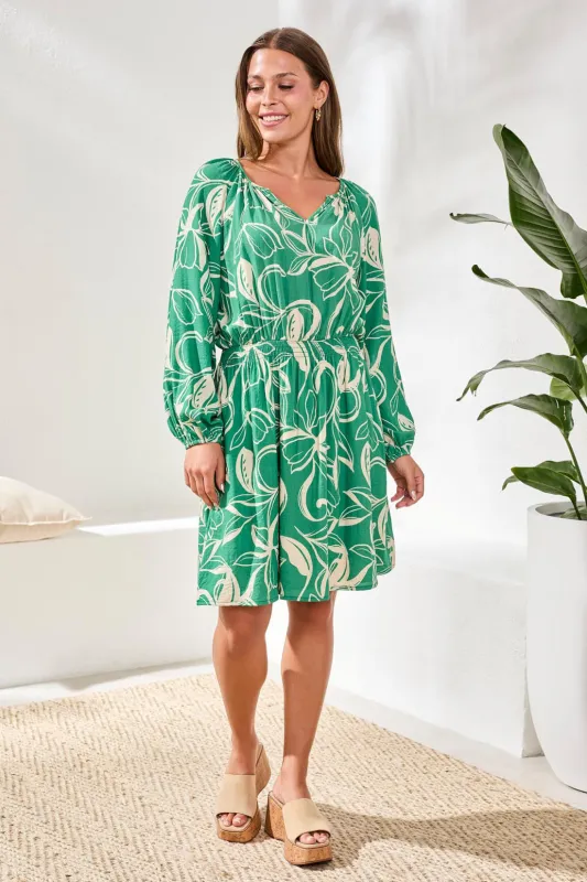 Printed V-Neck Balloon Long Sleeve Fitted at Waist Dress-Grass sold by Tribal