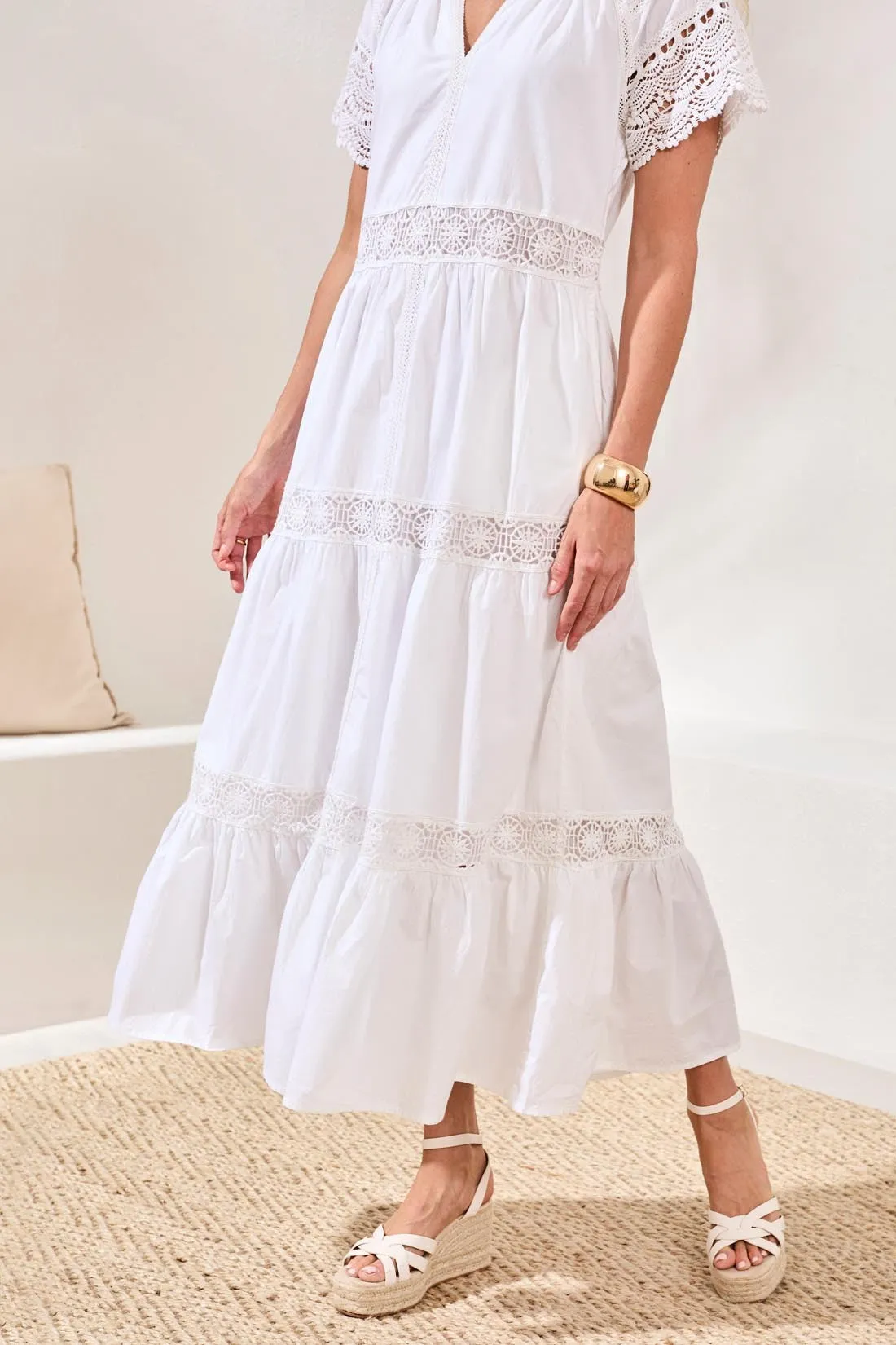Cotton Poplin Lace-Trim Tiered V-Neck Maxi Dress-White sold by Tribal product image thumbnail 3