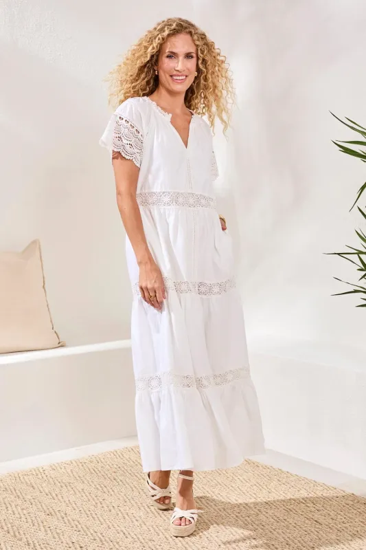 Cotton Poplin Lace-Trim Tiered V-Neck Maxi Dress-White sold by Tribal