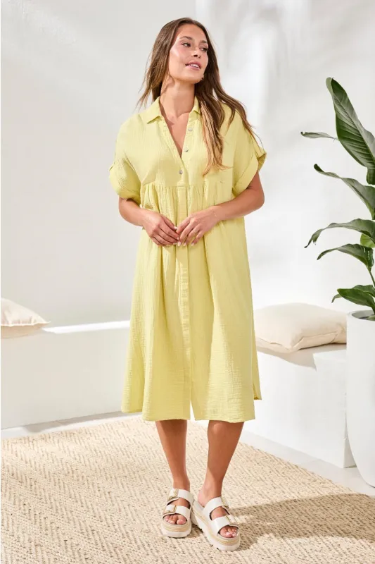Crinkle Gauze Short Sleeve Empire Waist Midi Dress-Lemongrass sold by Tribal