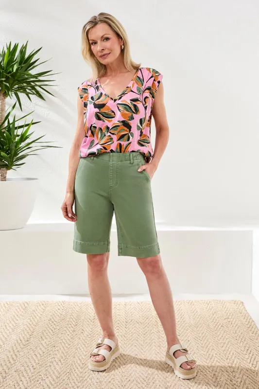 Comfort Stretch Pull-On Bermuda Shorts-Moss made by Tribal