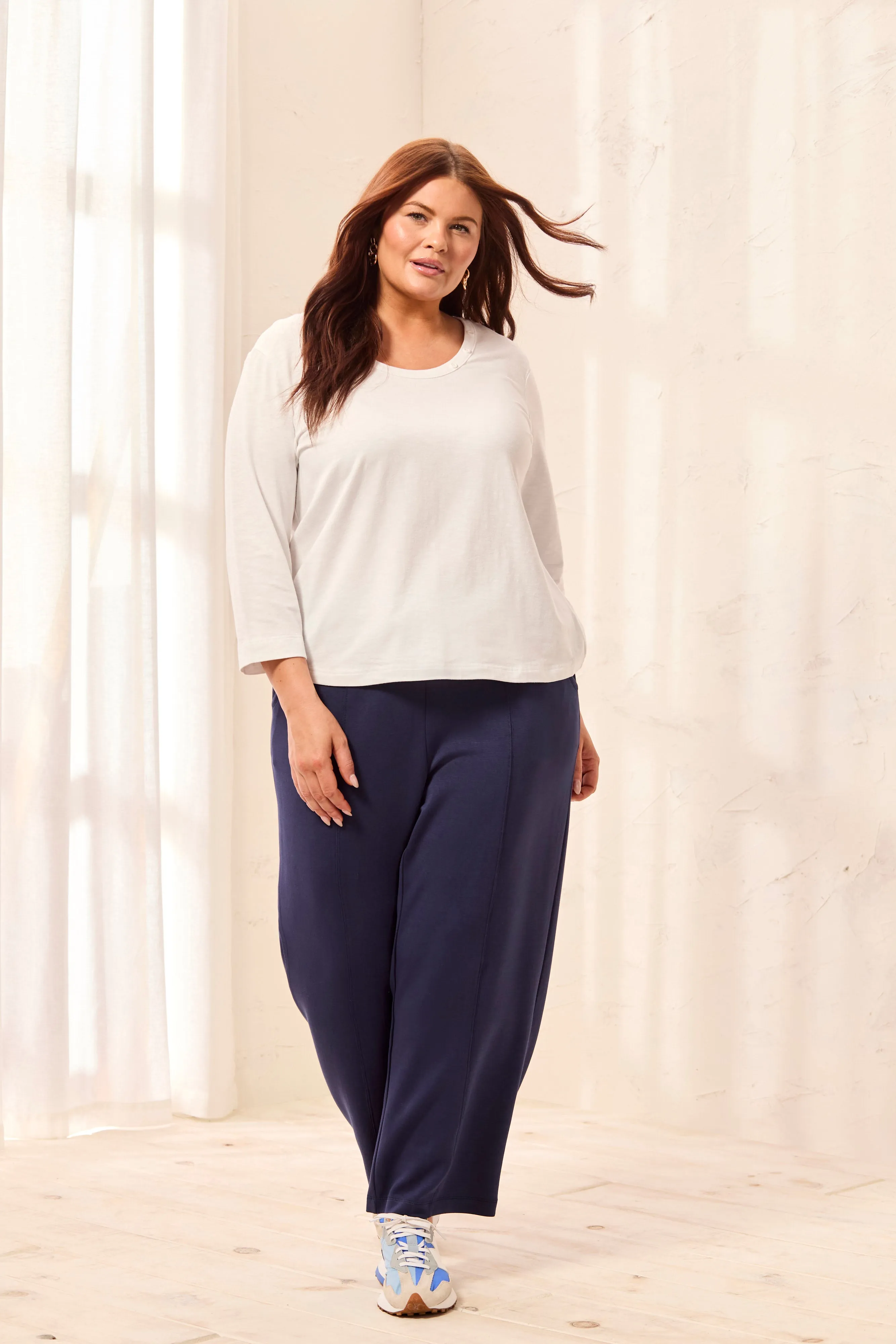 Size Inclusive Slub Knit Scoop Neck Top With Buttons-White sold by Tribal