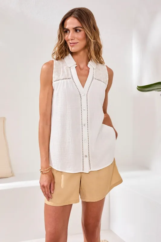 Crinkle Gauze Embroidered Lace Trim Sleeveless Blouse-Oceanpearl made by Tribal