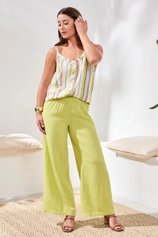 Crinkle Gauze Elastic Waist Flowy Pants-Greenbanana made by Tribal