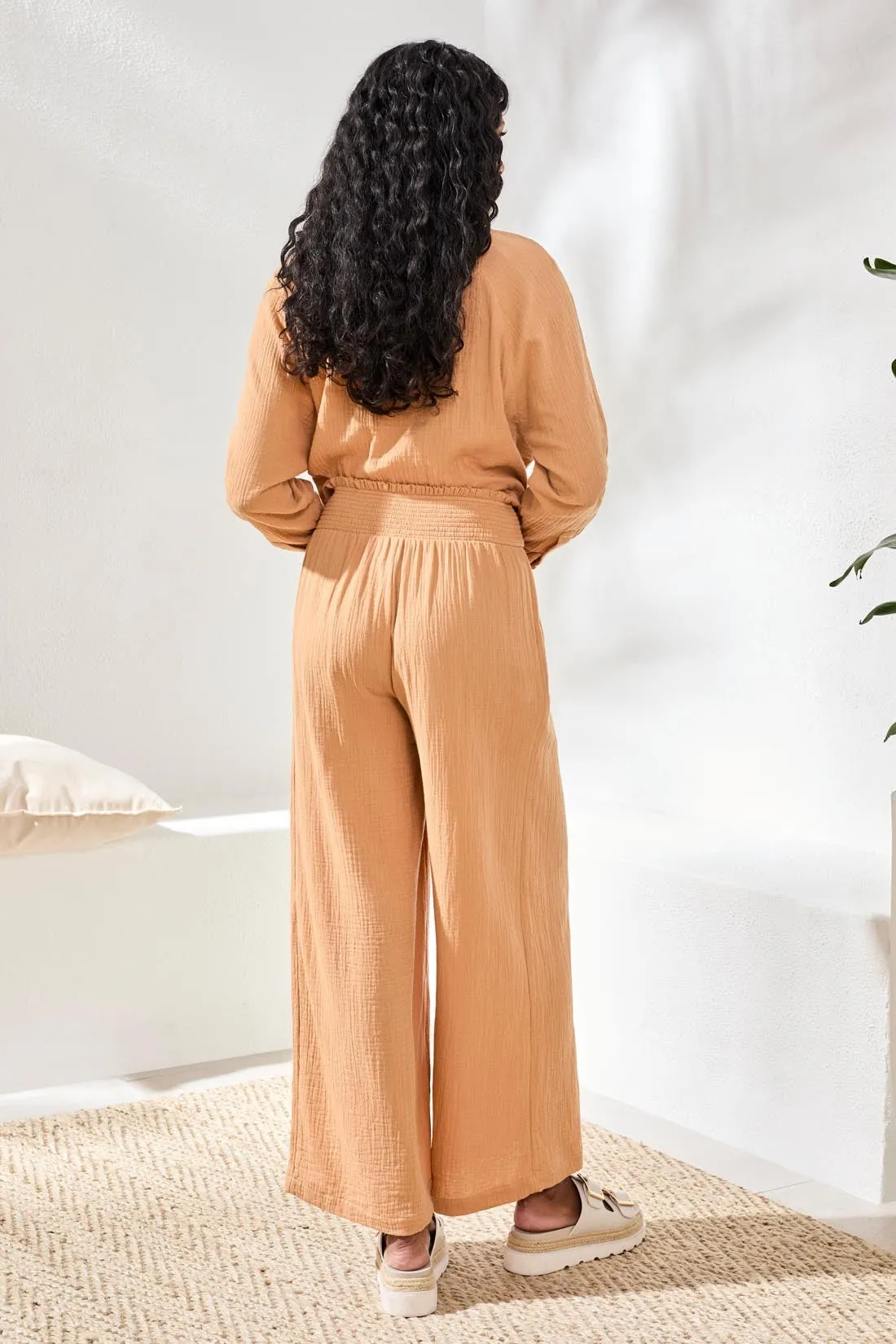 Crinkle Gauze Elastic Waist Flowy Pants-Saharabeige sold by Tribal product image thumbnail 4