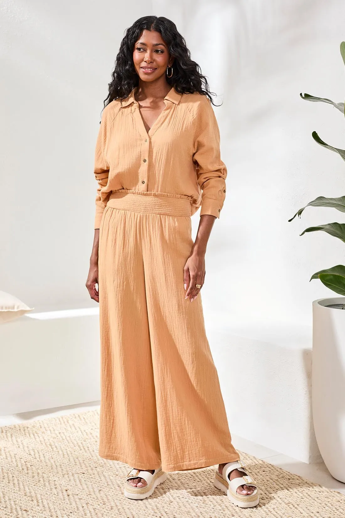 Crinkle Gauze Elastic Waist Flowy Pants-Saharabeige sold by Tribal