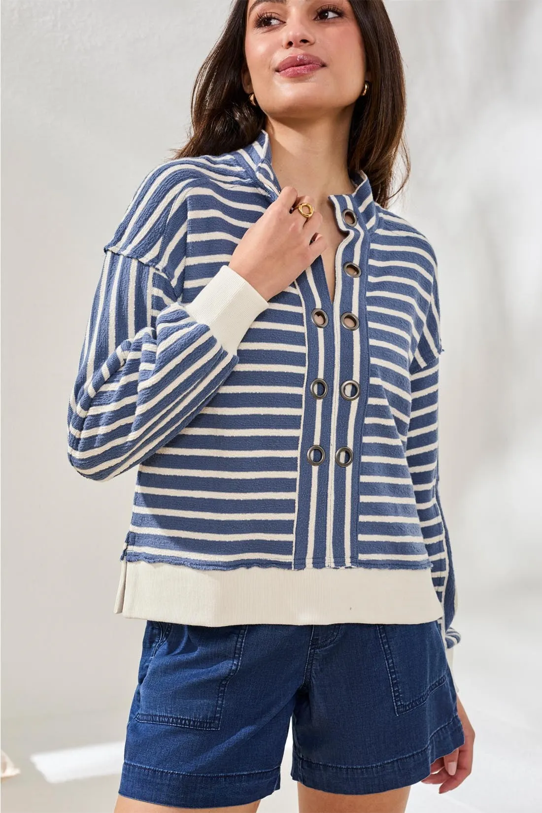 Drop-Shoulder French Terry Popover Shirt with Metal Ring Detail-Seahaven sold by Tribal