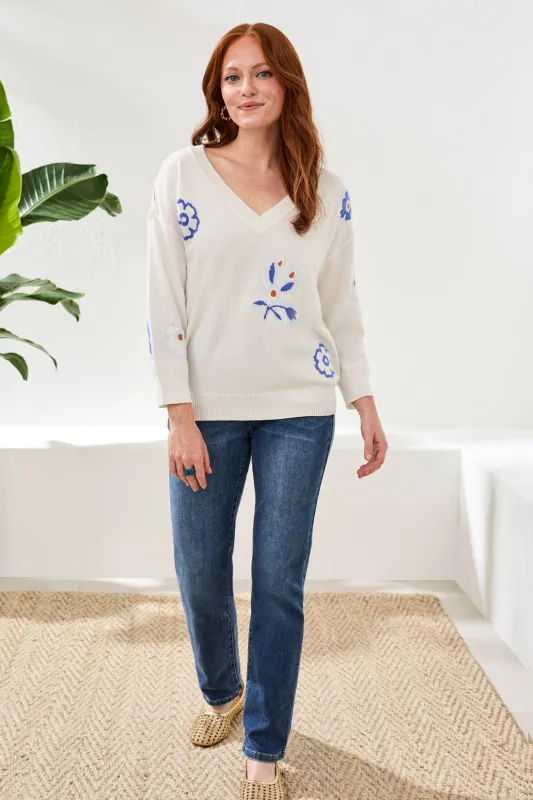 Intarsia V-Neck Sweater With 3/4 Sleeves-Oceanpearl sold by Tribal