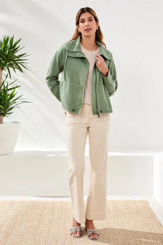 Slub Twill Front Button Jacket With Drawcord Collar-Moss sold by Tribal