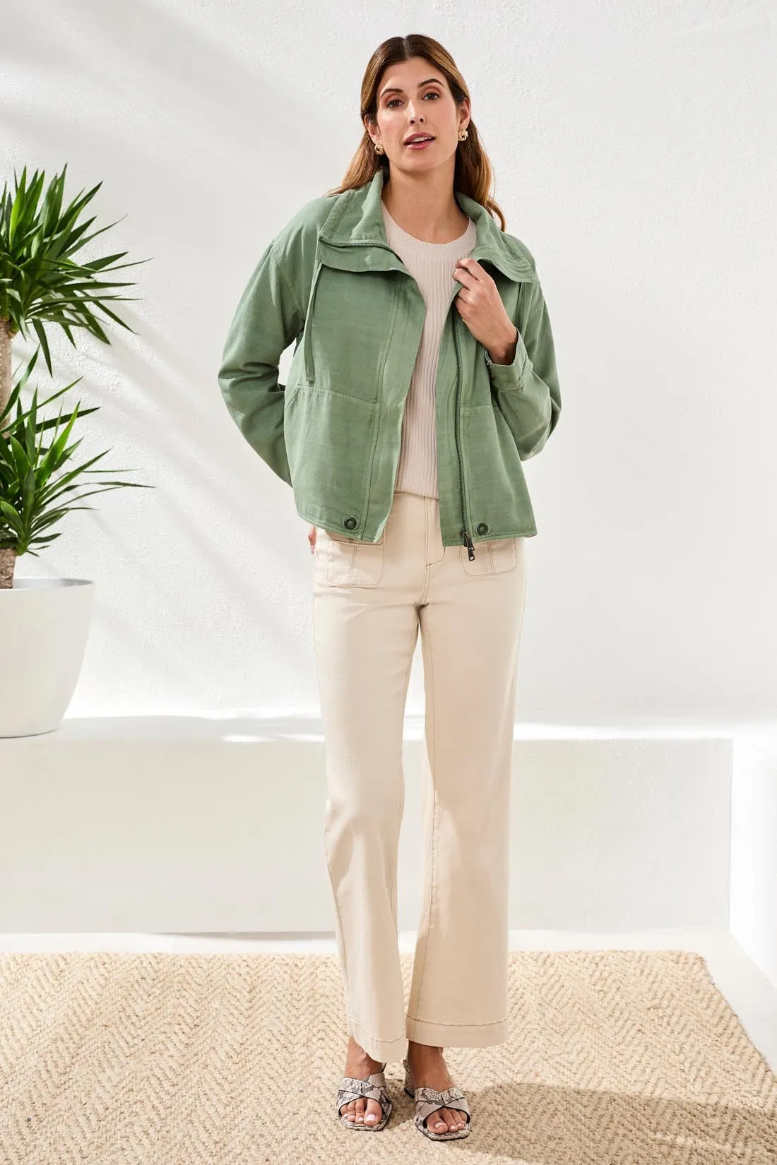 Slub Twill Front Button Jacket With Drawcord Collar-Moss sold by Tribal