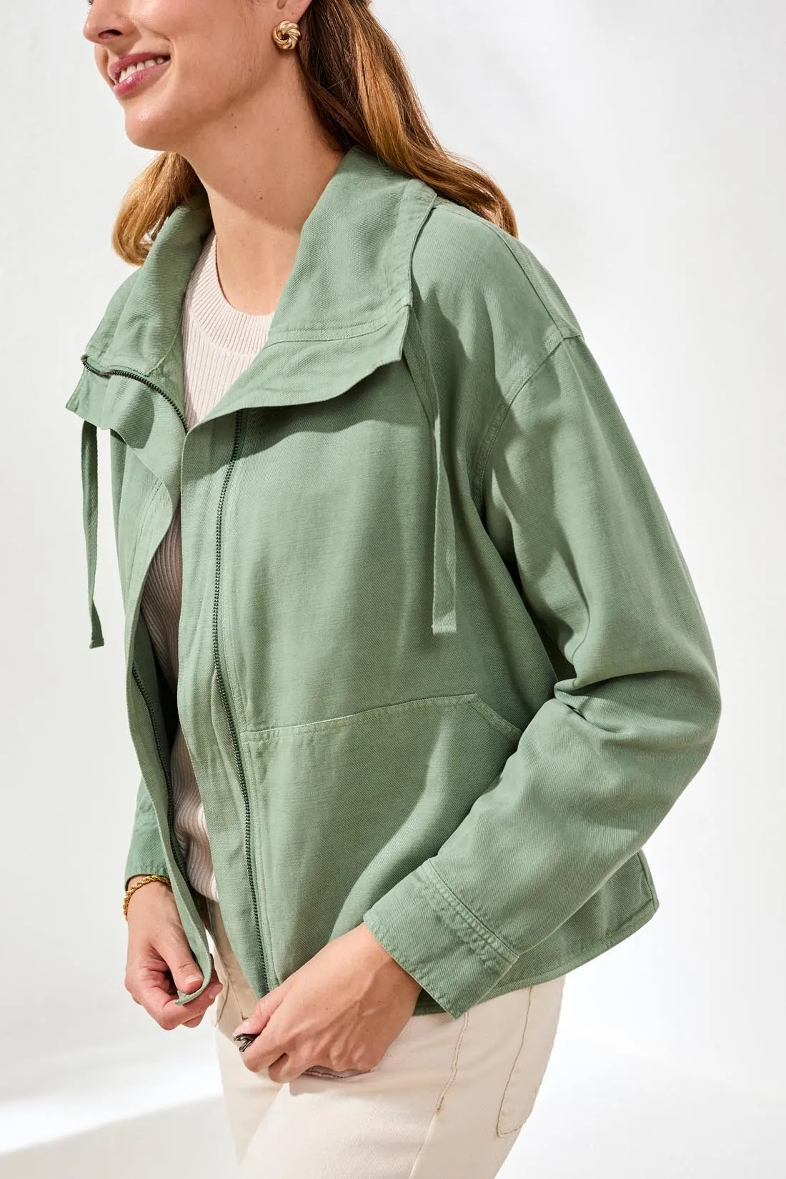 Slub Twill Front Button Jacket With Drawcord Collar-Moss sold by Tribal product image thumbnail 3