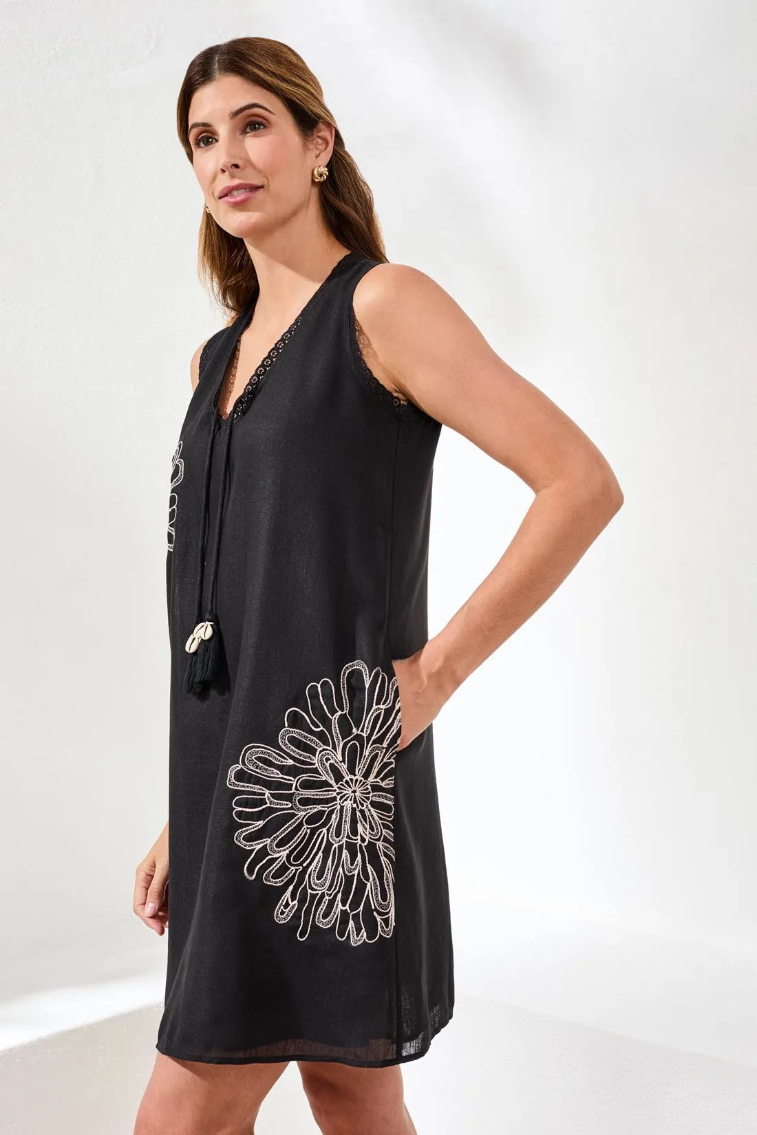 Embroidered V-Neck Sleeveless Dress With Tassel Accents-Black sold by Tribal