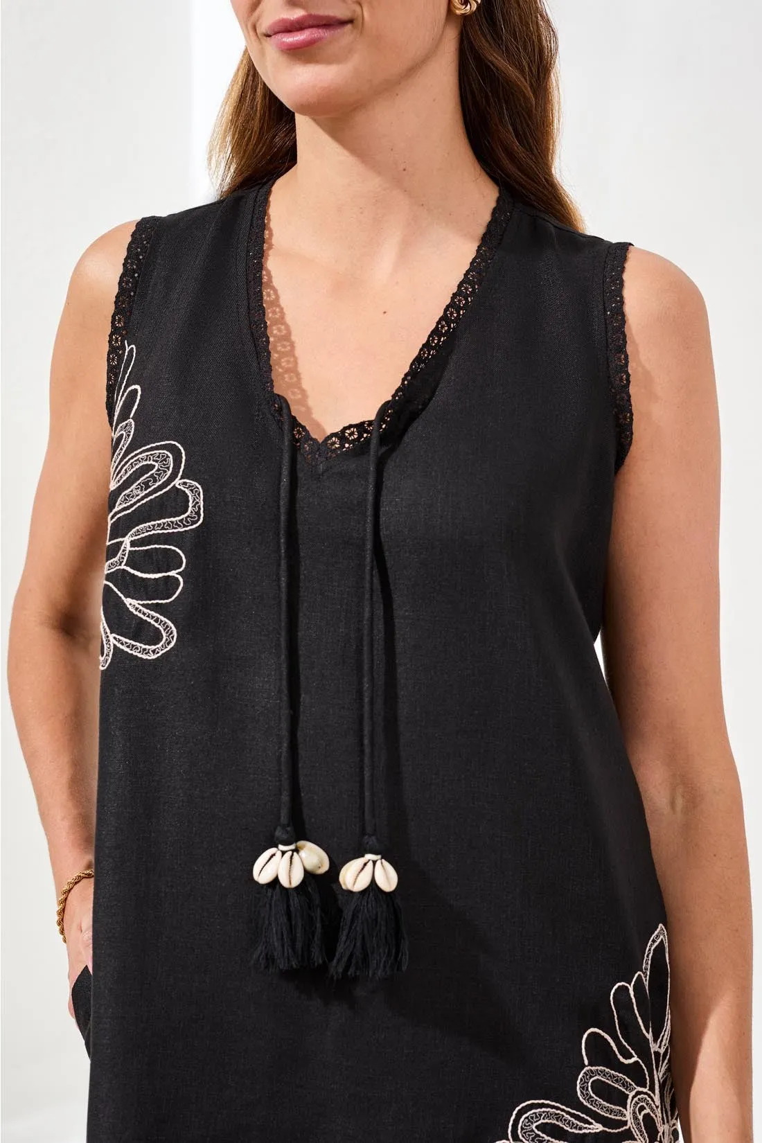 Embroidered V-Neck Sleeveless Dress With Tassel Accents-Black sold by Tribal product image thumbnail 3