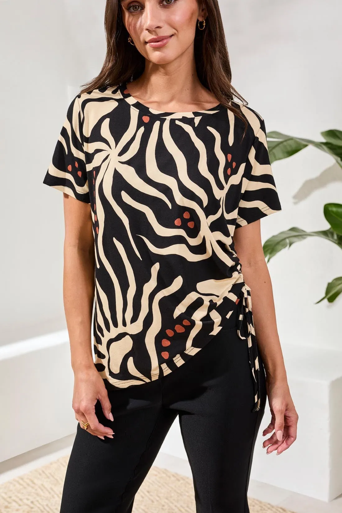 Printed Jersey Crew Neck Top With Side Ruching-Chestnut sold by Tribal product image thumbnail 2
