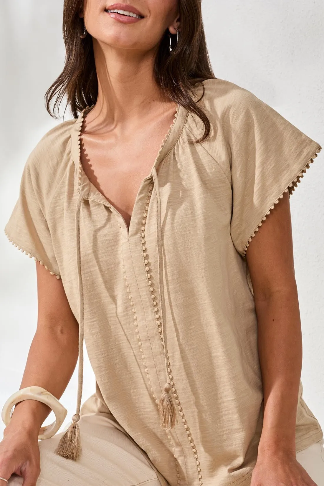 Cotton Slub Split Neck Tassel Top-Beach sold by Tribal