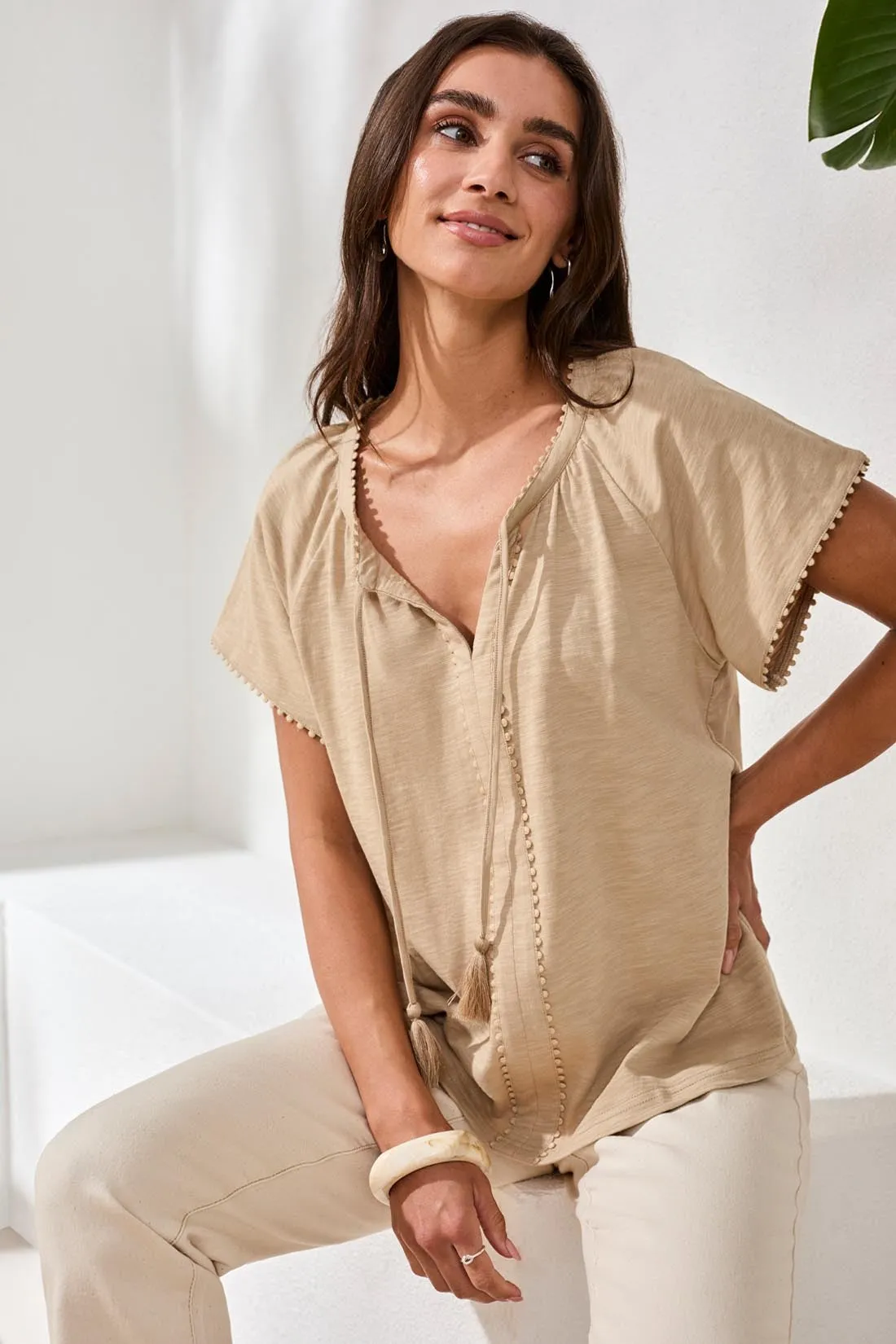 Cotton Slub Split Neck Tassel Top-Beach sold by Tribal product image thumbnail 3