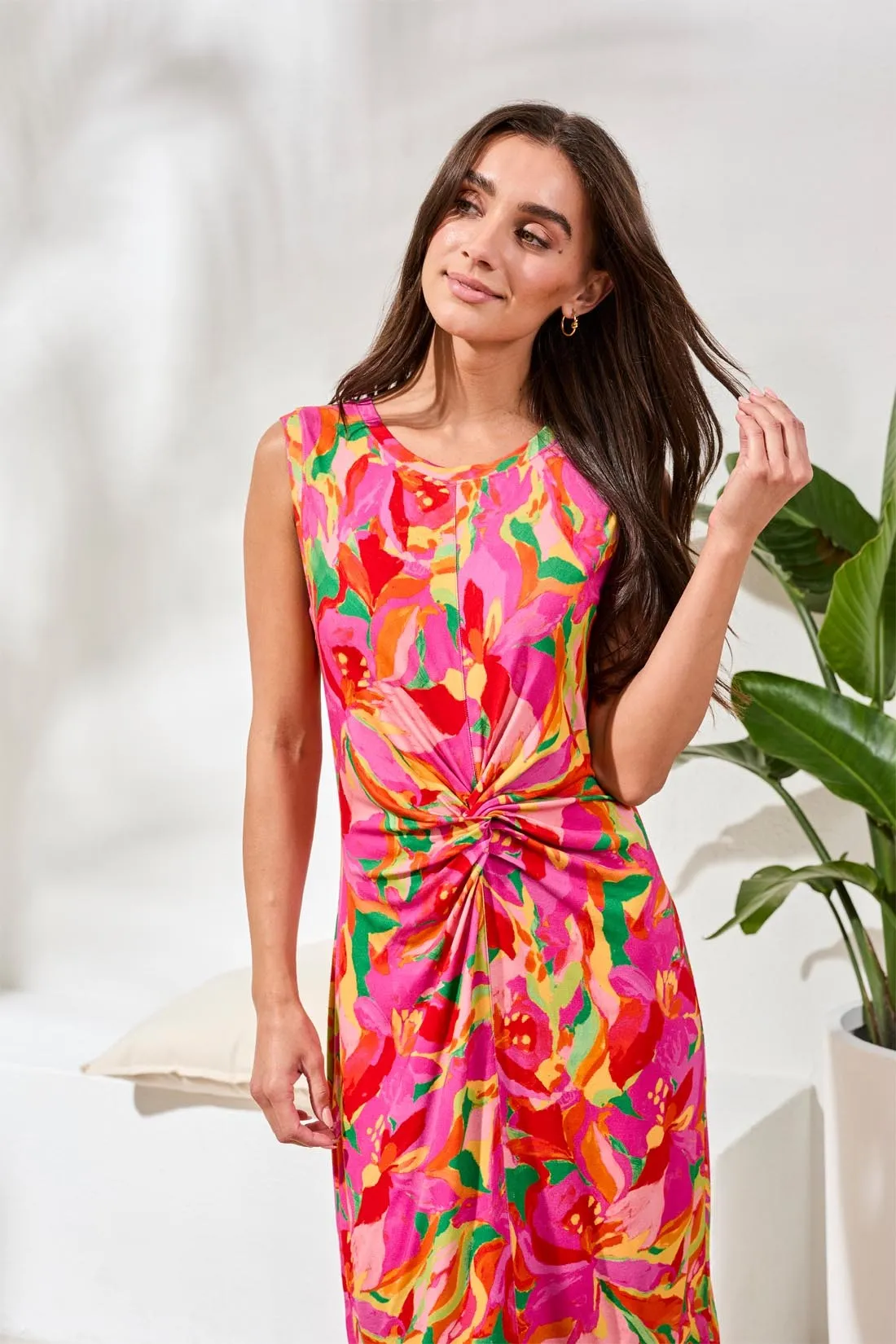 Printed Sleeveless Jersey V‑Neck Front‑Knot Dress-Pinkglow sold by Tribal product image thumbnail 4