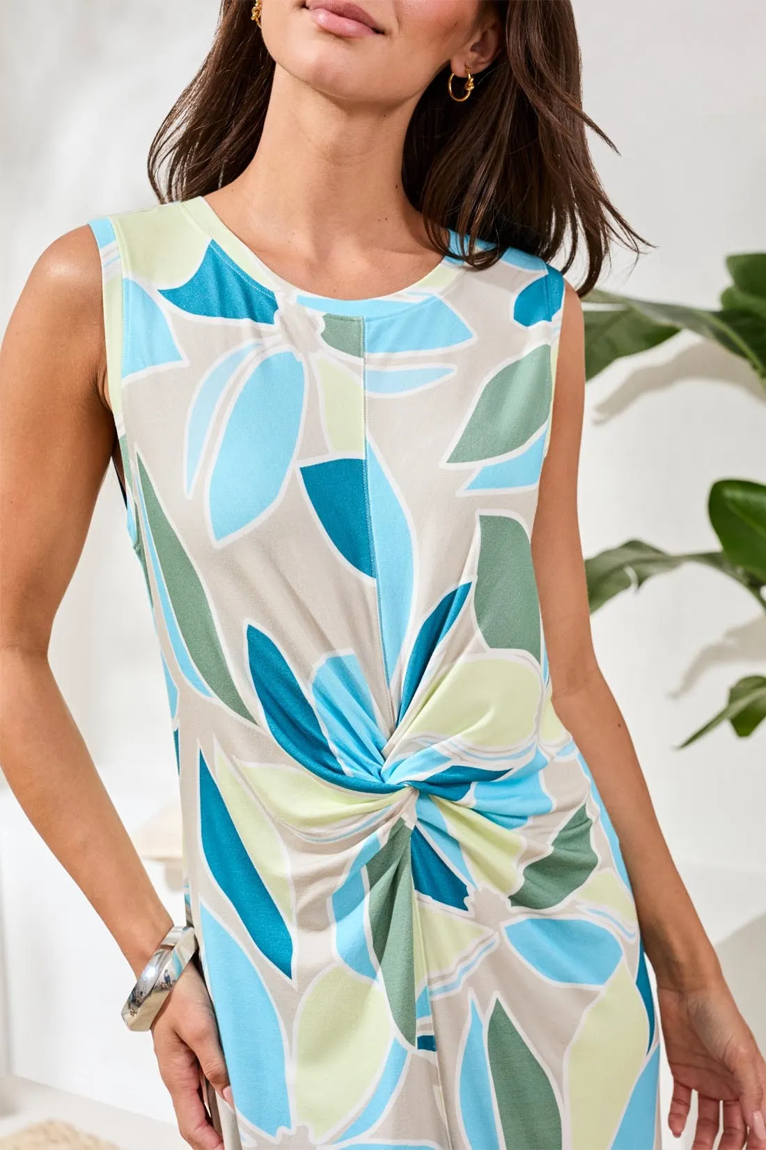 Printed Sleeveless Jersey V‑Neck Front‑Knot Dress-Aqua sky sold by Tribal product image thumbnail 3