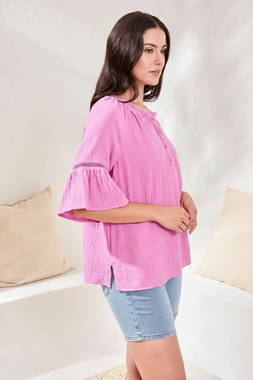 Crinkle Gauze Split-Neck Button-Front Bell Sleeve Blouse-Orchidglow sold by Tribal product image thumbnail 2