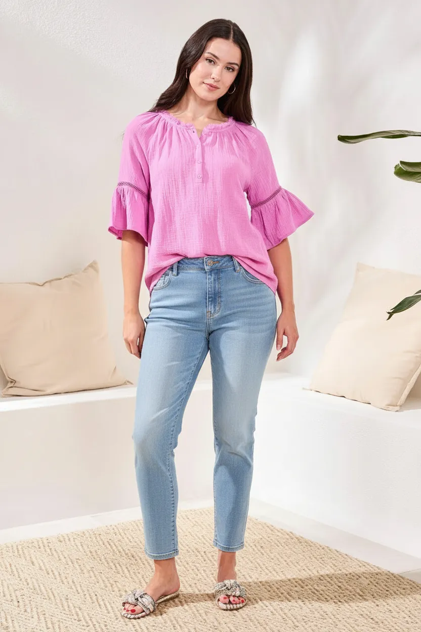 Crinkle Gauze Split-Neck Button-Front Bell Sleeve Blouse-Orchidglow sold by Tribal
