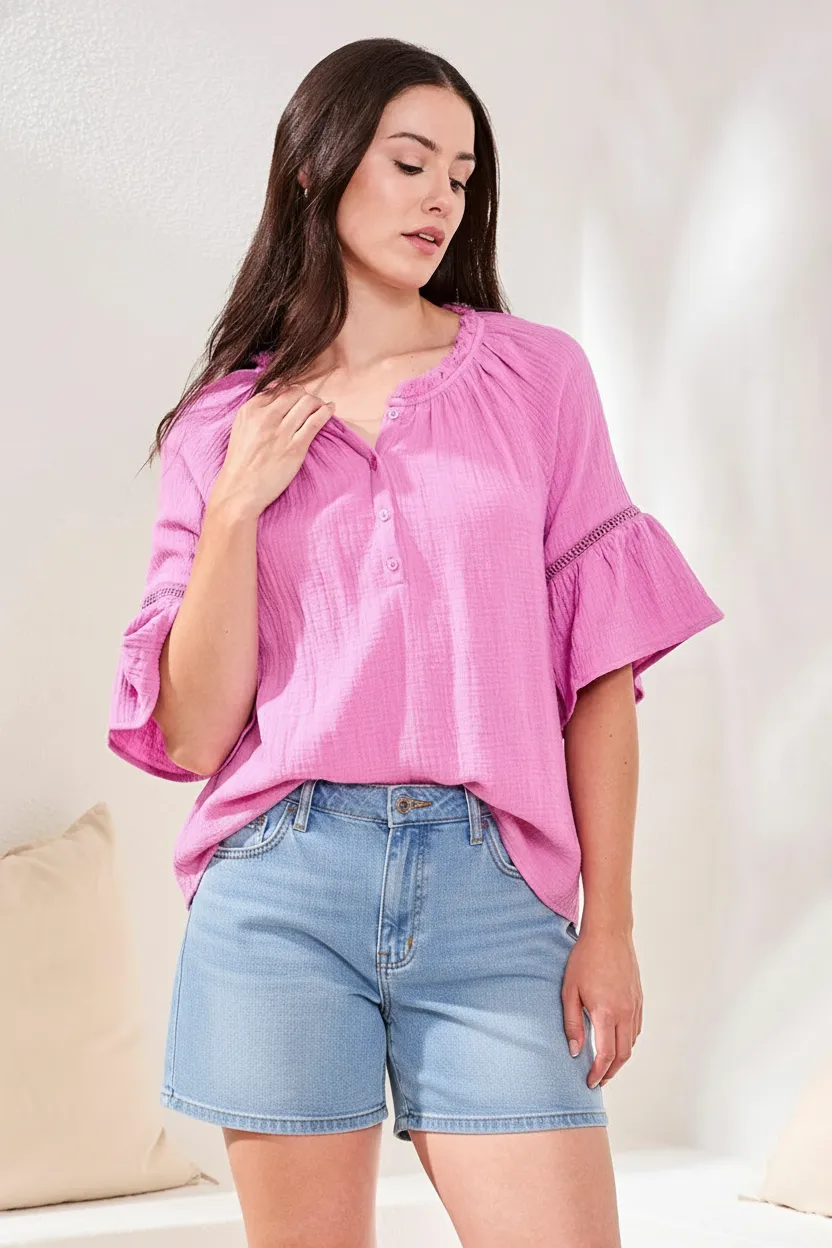 Crinkle Gauze Split-Neck Button-Front Bell Sleeve Blouse-Orchidglow sold by Tribal product image thumbnail 3