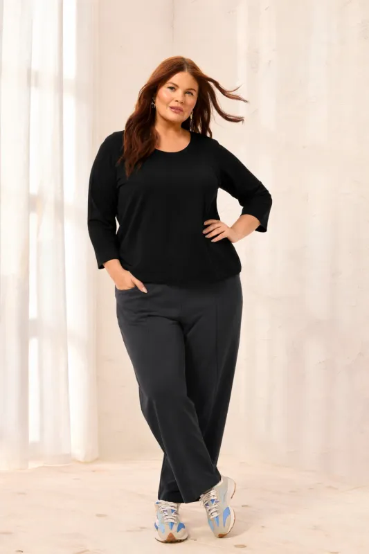 Size Inclusive Slub Knit Scoop Neck Top With Buttons-Black made by Tribal