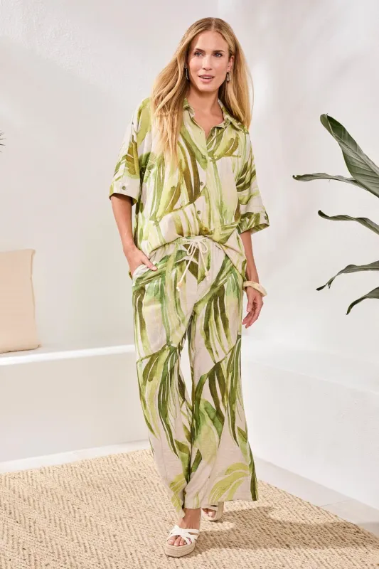 Flowy Linen Flare Pants With Drawcord Waist-Mintleaf made by Tribal