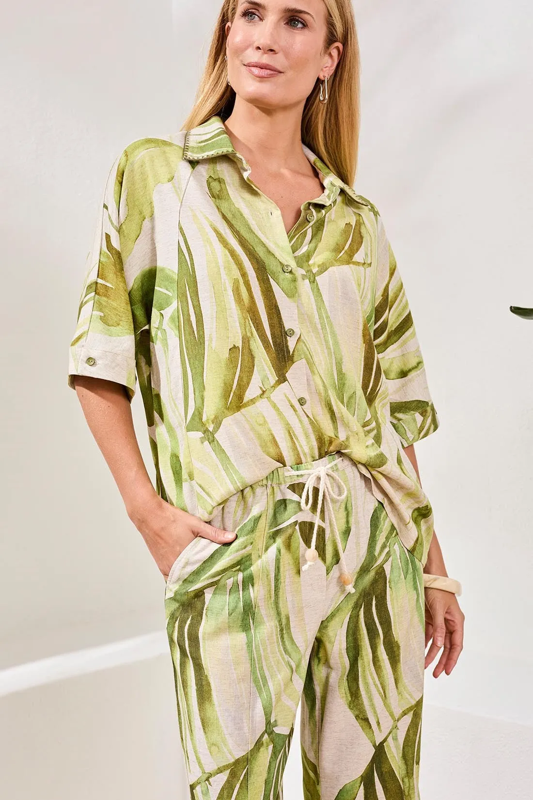 Flowy Linen Dolman Elbow Sleeve Blouse-Mintleaf sold by Tribal