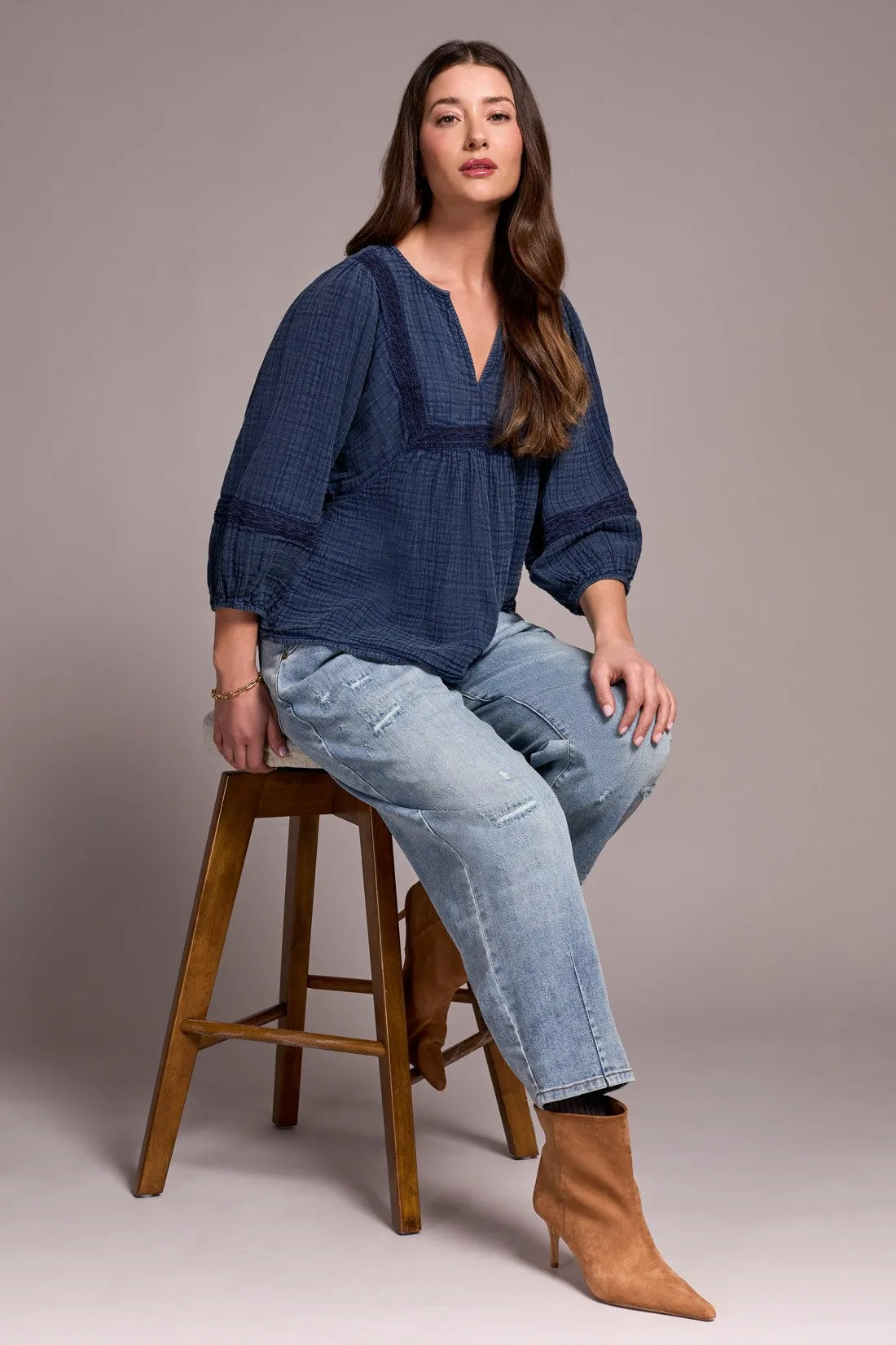 Cotton Gauze 3/4 Sleeve Empire Waist Blouse-Nightfall sold by Tribal