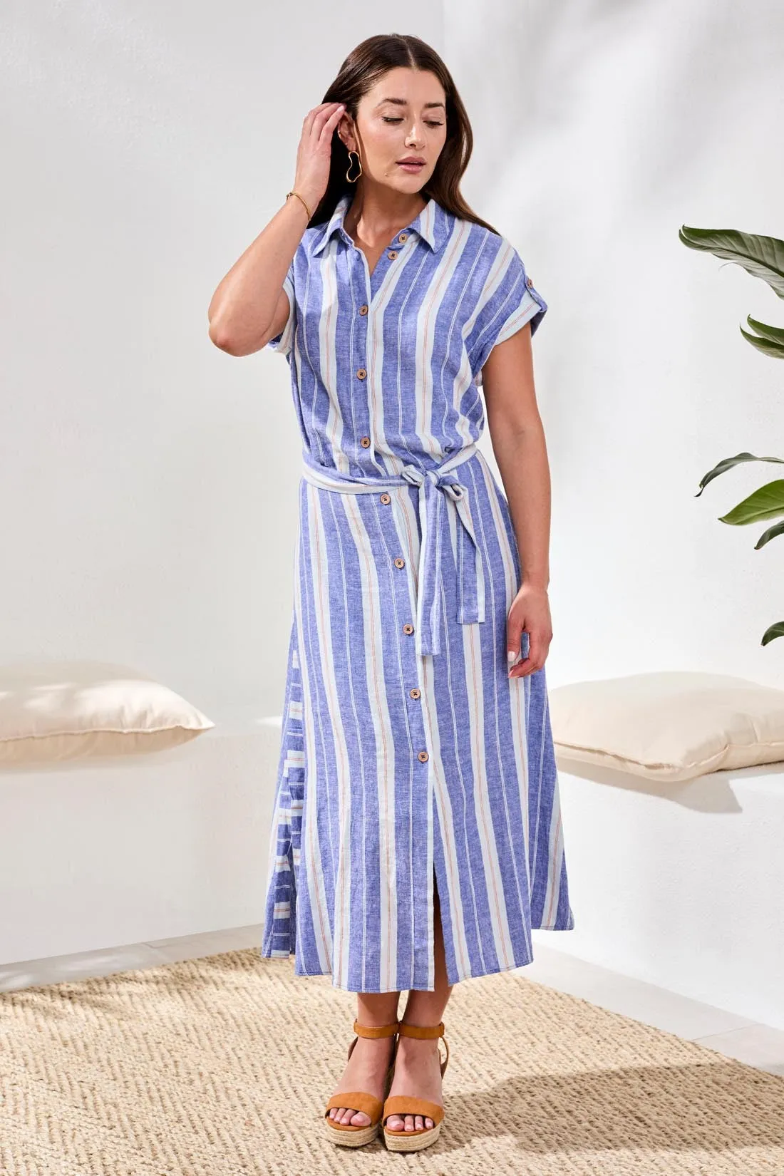 Short-Sleeve Striped Shirt Dress-Marina sold by Tribal