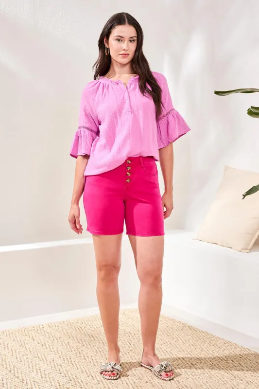 Elastic-Waist Pull-On Shorts With Front Buttons-Rosesilk made by Tribal