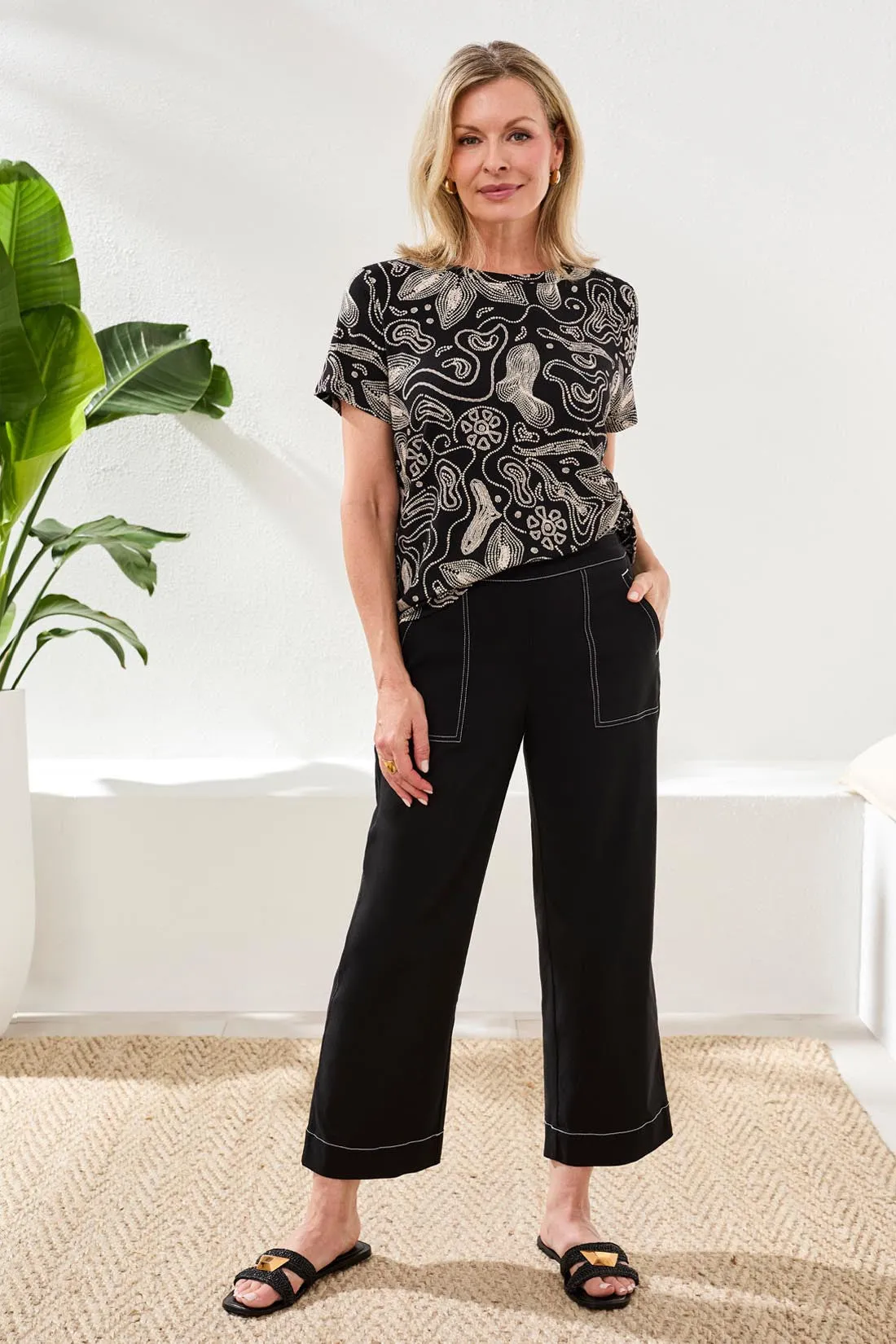 Signature Stretch Twill High‑Rise Wide‑Leg Capri Pants-Black sold by Tribal