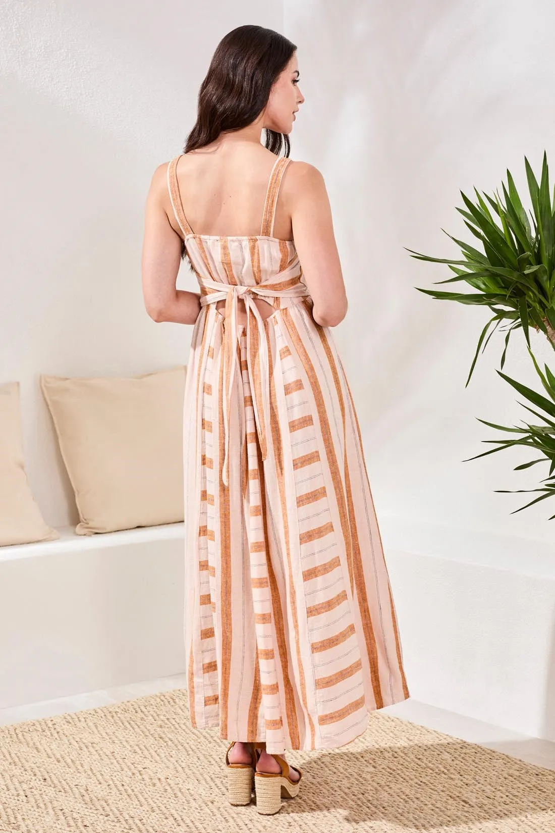 Linen Maxi Dress with Contrast Inserts & Adjustable Waist Sash-Saharabeige sold by Tribal product image thumbnail 3