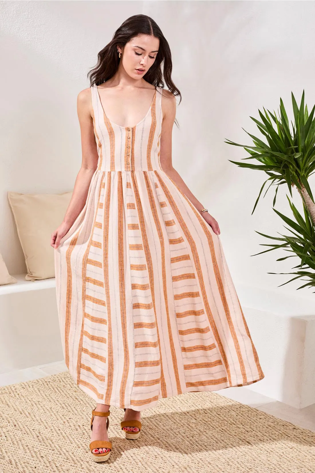 Linen Maxi Dress with Contrast Inserts & Adjustable Waist Sash-Saharabeige sold by Tribal product image thumbnail 2