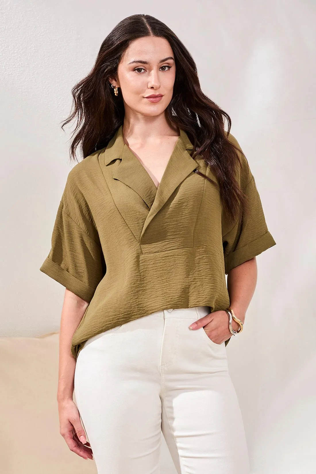 Airflow Draped Lapel Collar Blouse-Rainforest sold by Tribal