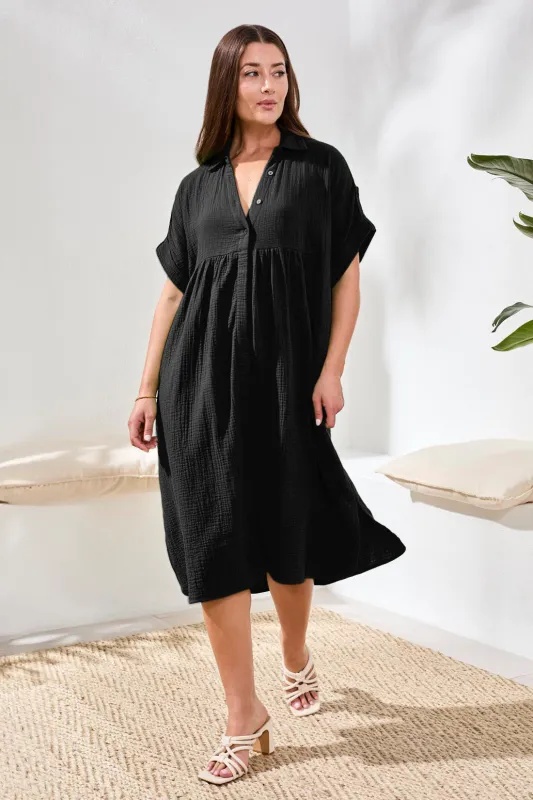 Crinkle Gauze Short Sleeve Empire Waist Midi Dress-Black made by Tribal