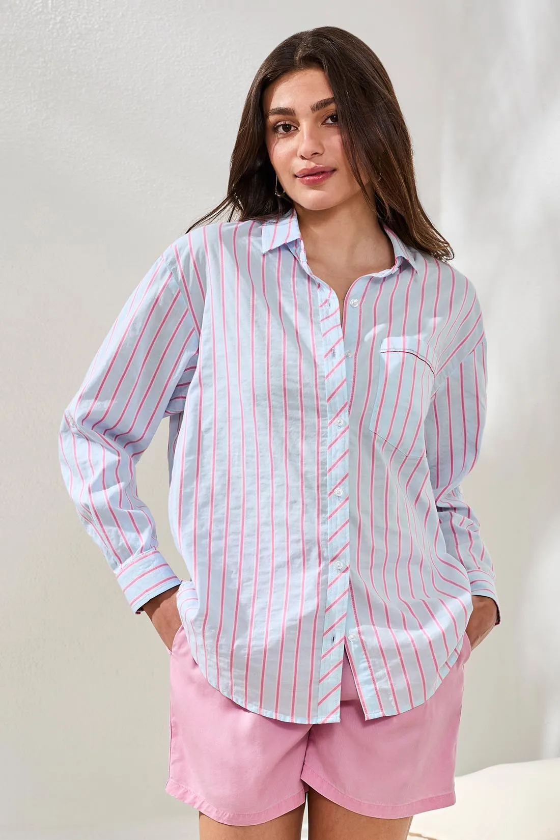 Poplin Double Stripe Roll-Up Sleeve Button-Front Shirt-Hydrangea sold by Tribal product image thumbnail 2