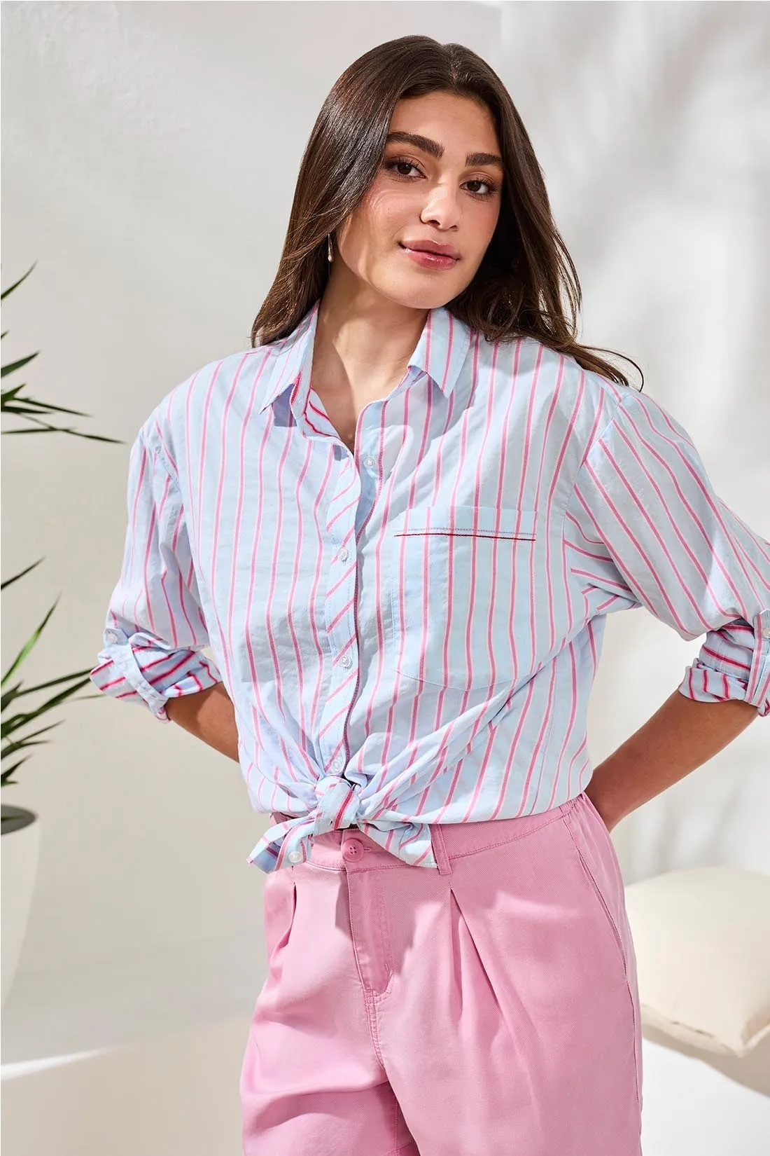 Poplin Double Stripe Roll-Up Sleeve Button-Front Shirt-Hydrangea sold by Tribal product image thumbnail 3