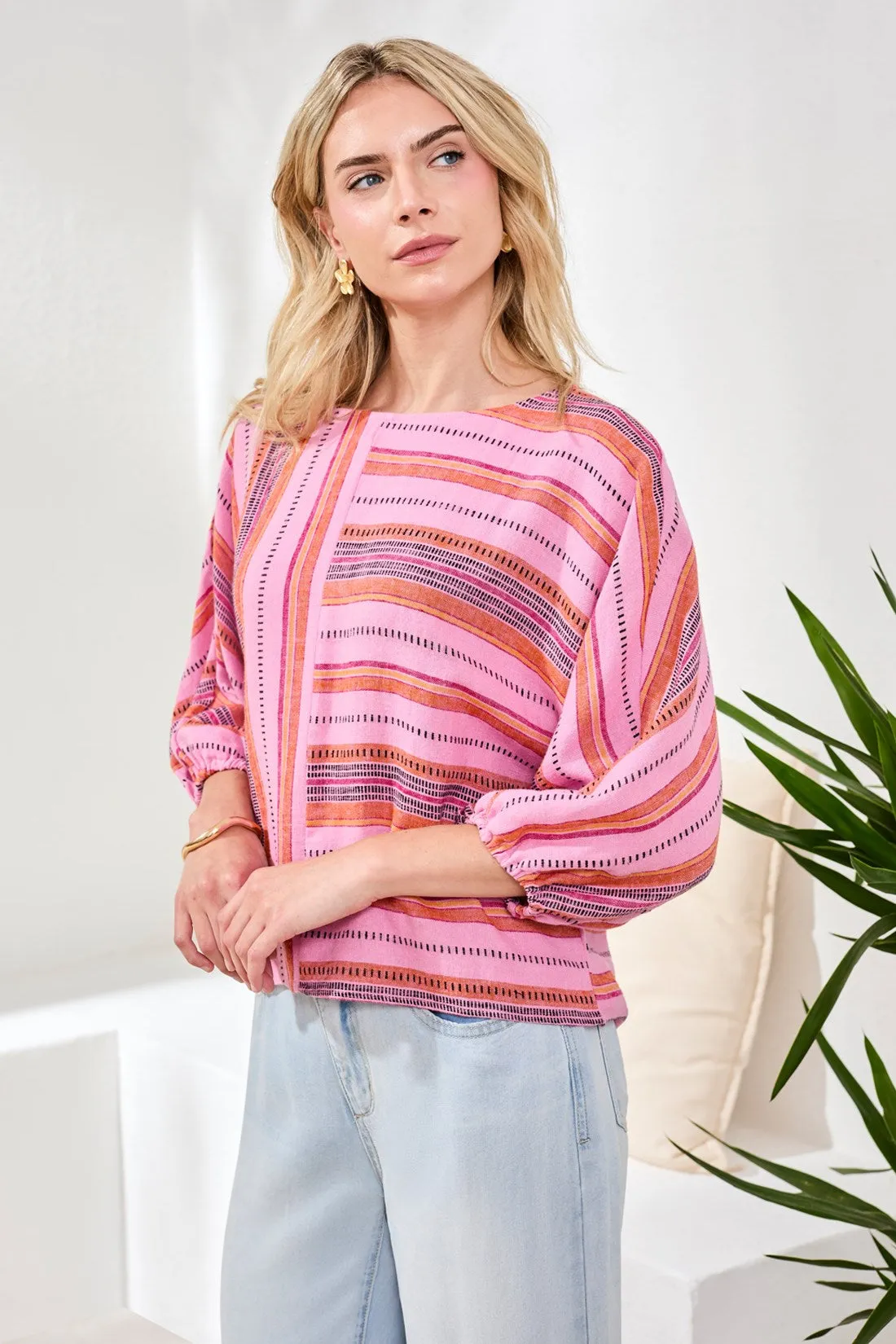 Linen Boat Neck Blouse With Dolman Sleeves-Rosesilk sold by Tribal