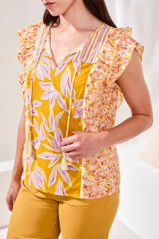 Mixed Print Notch Neck Blouse-Mustard made by Tribal