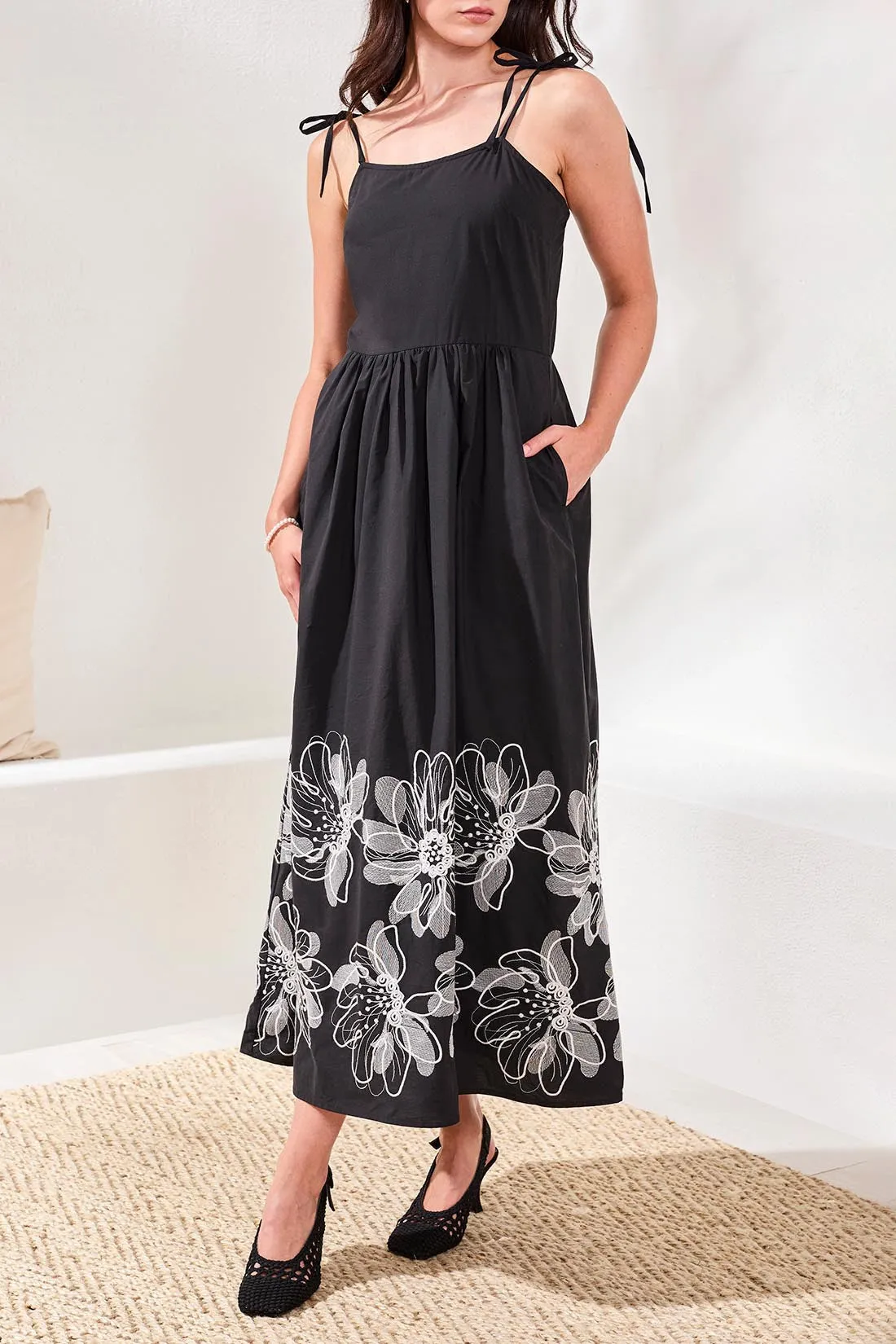 Poplin Midi Dress With Embroidered Hem and Tie Straps-Black sold by Tribal product image thumbnail 4