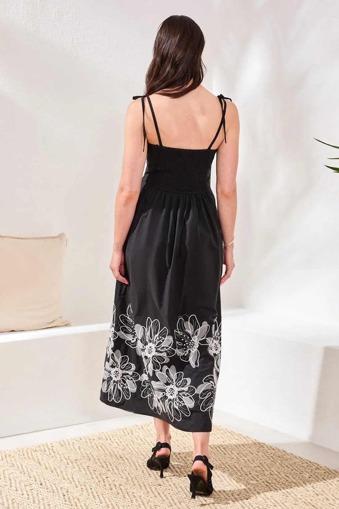 Poplin Midi Dress With Embroidered Hem and Tie Straps-Black sold by Tribal product image thumbnail 3